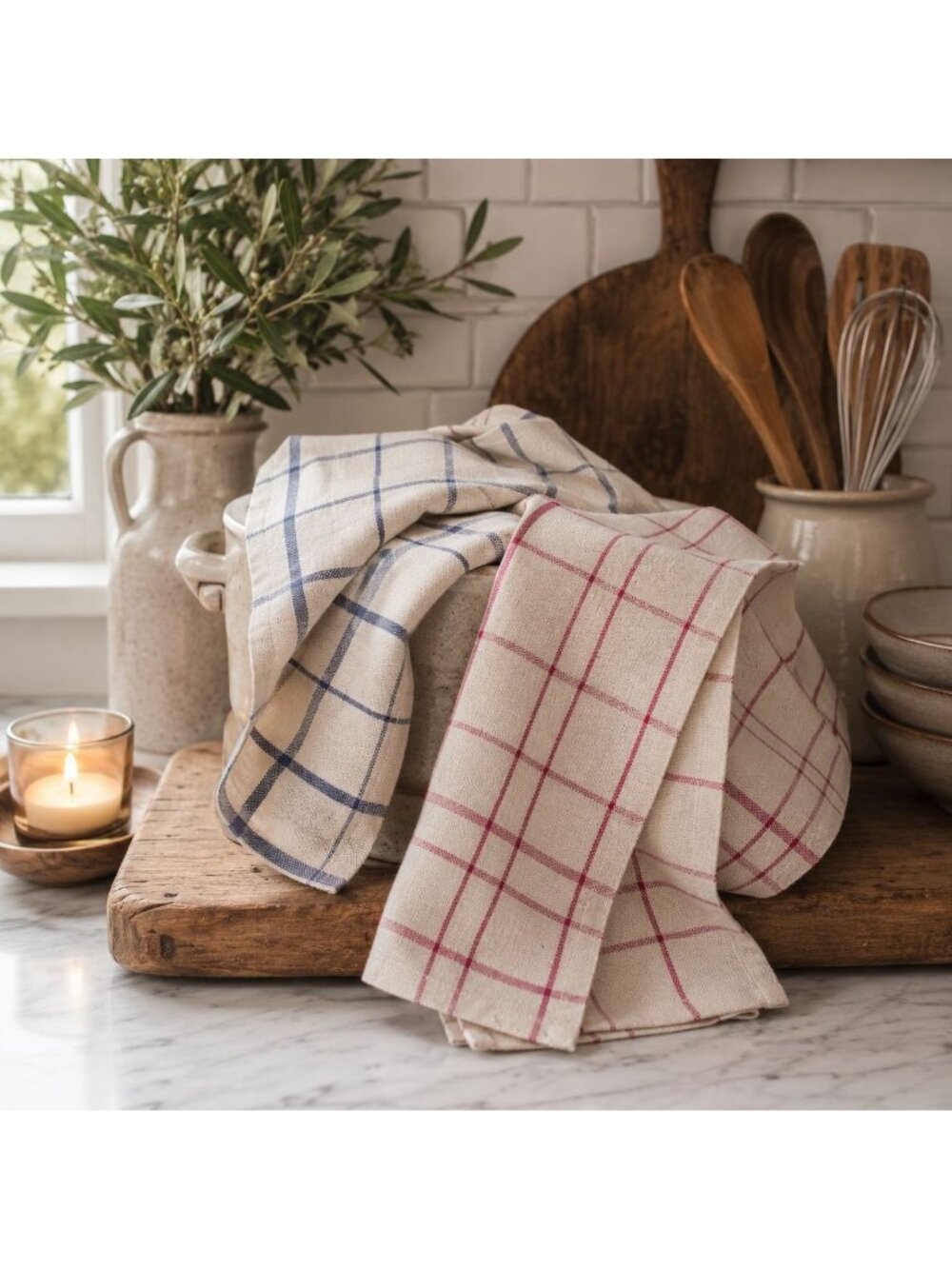 Foreside Riley Plaid Tea Towels 2 Piece Cream Red Blue Cotton Boho Farmhouse New